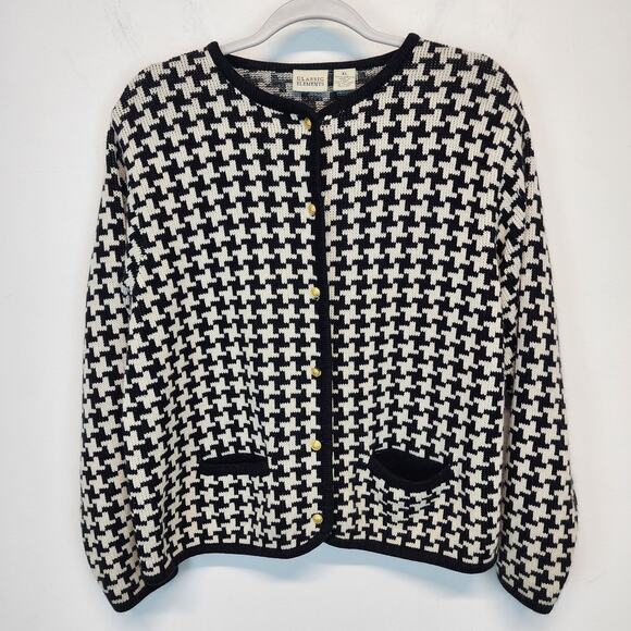 Vintage Houndstooth Cardigan Sweater Size XL Black White Gold Buttons Academia - Picture 1 of 8